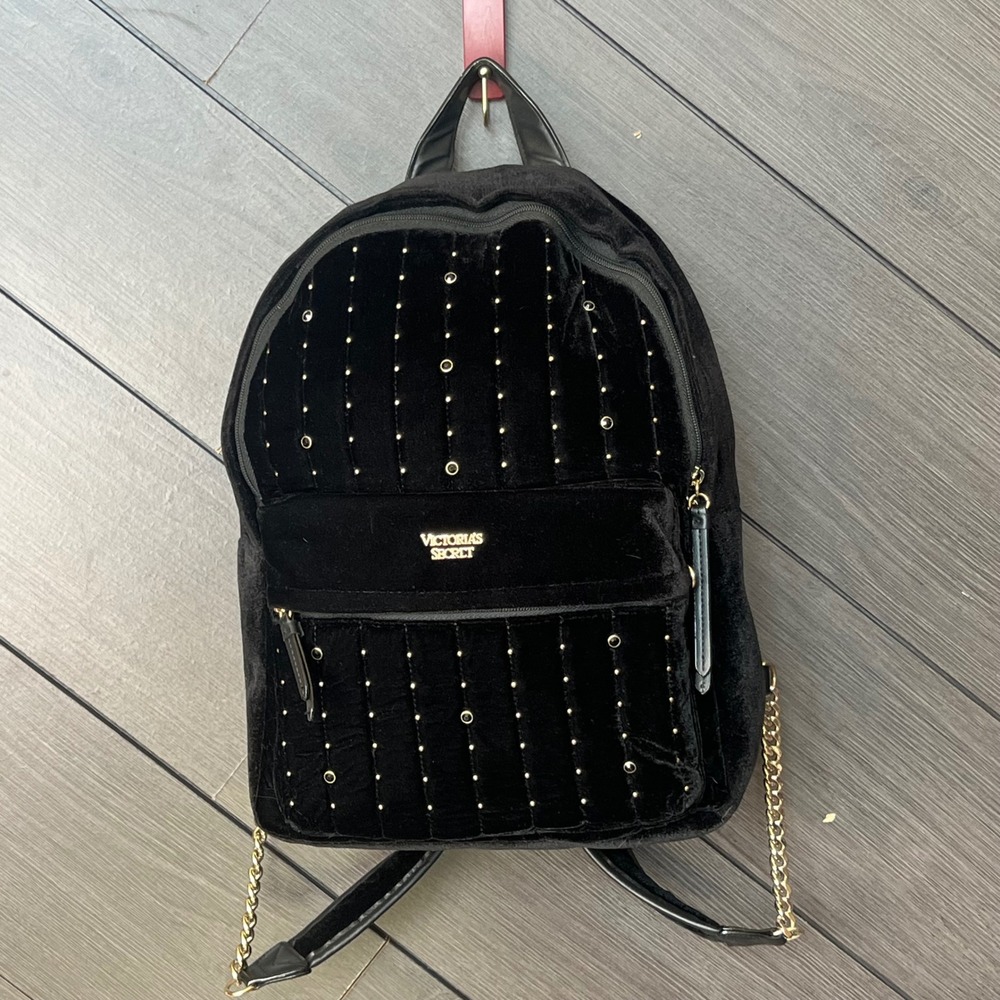 Victoria's Secret Women's Velvet Studded Backpack Black Gold Mini Chic Y2K